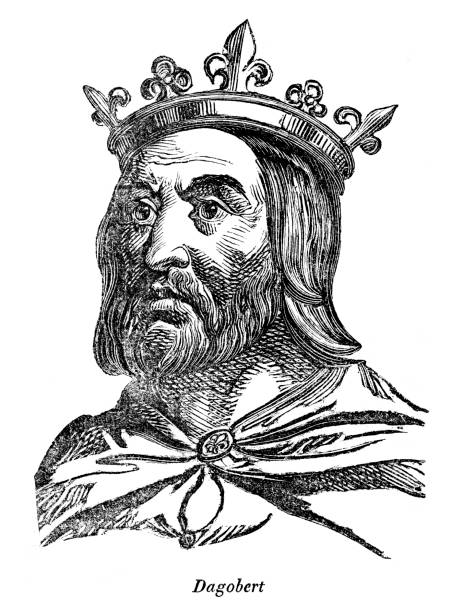 ilustrações, clipart, desenhos animados e ícones de dagobert i rei do retrato de franks - crown king illustration and painting engraving