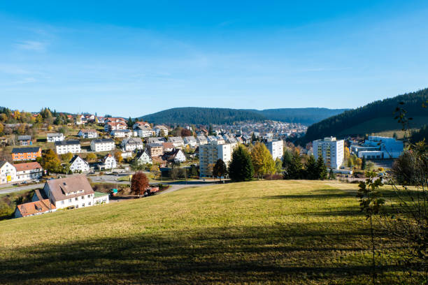 city panorama of furtwangen in the black forest - black forest forest sky blue imagens e fotografias de stock