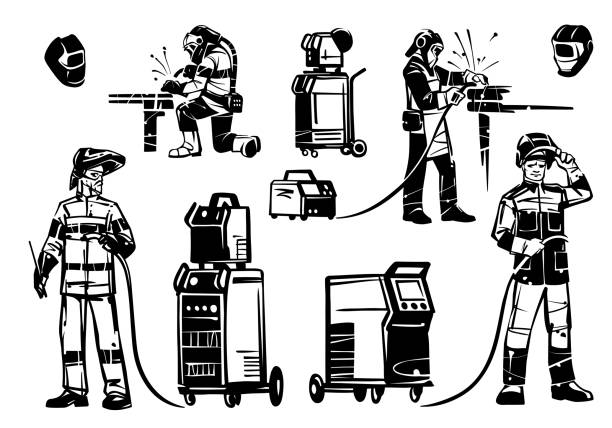 Welders at work with equipment A group of illustrations of welders at work. Welding equipment: inverters, Transformers and Protective Mask factory worker silhouette stock illustrations