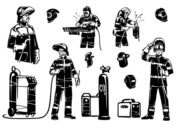 Welders at work with equipment vector art illustration