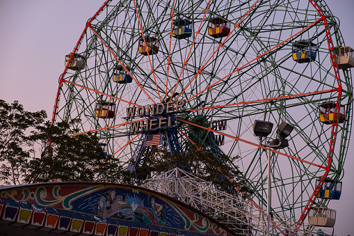 Brooklyn NY - USA - May 22 2019: Sunrise at Wonder Wheel in Luna Park on Coney Island New York City