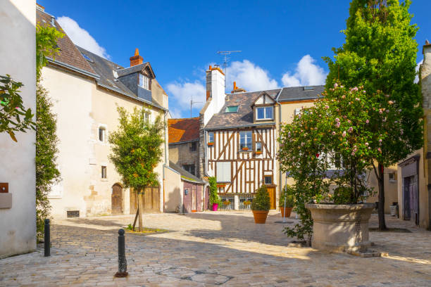 calle, pavimentada con bloques de piedra y la casa de entramado de madera en el centro de orleans, francia - orleans fotografías e imágenes de stock