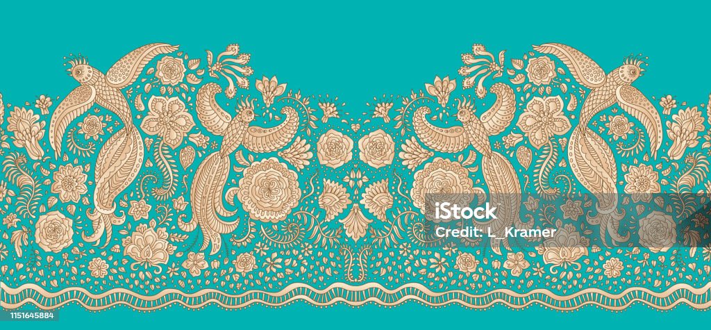 Vector seamless border in ethnic style.Exotic flying birds, golden drawing with folk ornaments on a turquoise background. Embroidery silhouette, wallpaper, textile print, wrapping paper Abstract stock vector