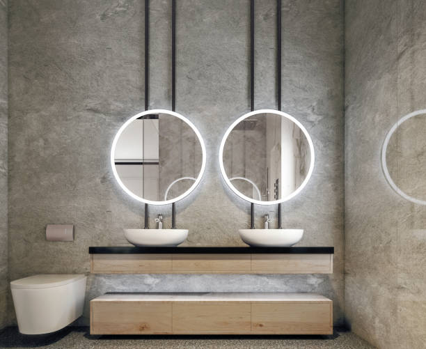 Modern interior design of bathroom vanity, all walls made of stone slabs with circle mirrors, minimalist and clean concept, 3d rendering stock photo
