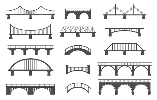 Set of different bridges. Isolated on white background. Black and white. Vector illustration.