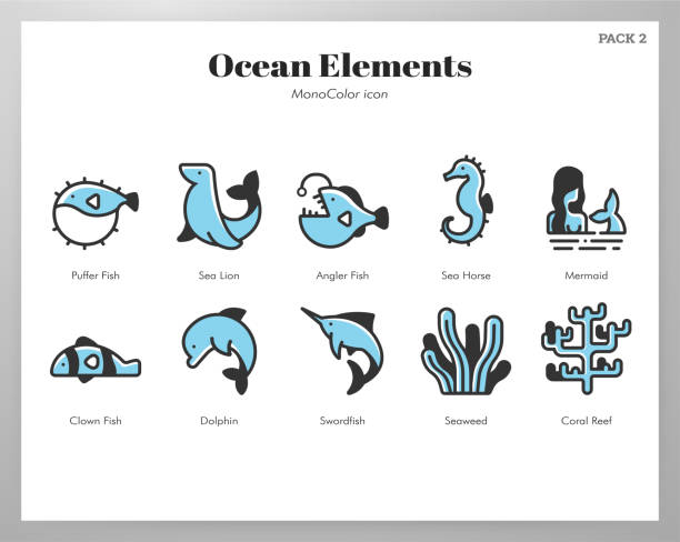 elementy oceaniczne monocolor pack - mammal hippocampus stock illustrations