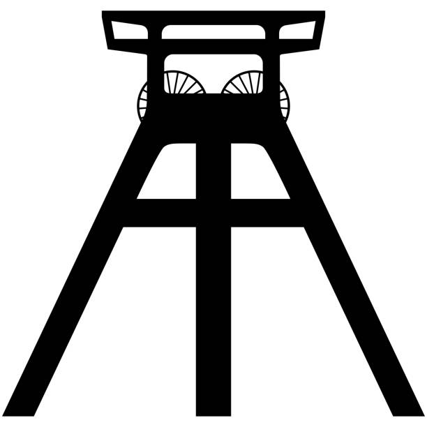 illustrazioni stock, clip art, cartoni animati e icone di tendenza di silhouette vettoriale di una miniera di carbone headframe isolato su sfondo bianco - giacimento