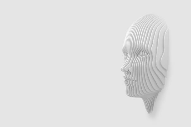 Conceptual image of the female head cut out of the wall and coming out of the wall. 3d illustration Conceptual image of the female head cut out of the wall and coming out of the wall. 3d illustration robot head stock pictures, royalty-free photos & images