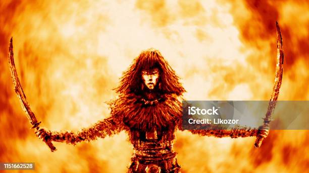 Warrior Girl With Two Raised Sabers Stock Illustration - Download Image Now - Child, Dancing, Halloween