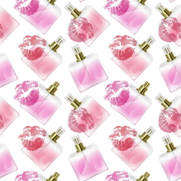 istock Seamless Endless Pattern with Print of perfume bottles and kiss prints in cartoon style Can be used in food industry for wallpapers, wrapping paper, wedding cards. Vector EPS 10 illustration 1151662583