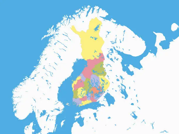Vector illustration of Map of Regions of Finland with Surrounding Terrain