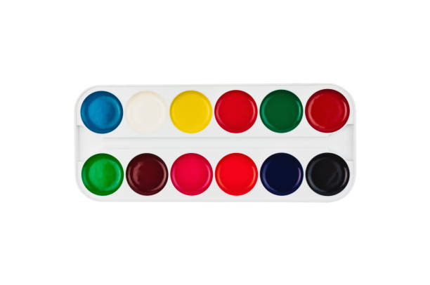 istock One opened plastic paintbox with watercolor paint various rainbow color isolated on white background. Top view 1151669570
