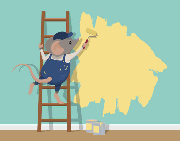 ilustrações de stock, clip art, desenhos animados e ícones de mouse decorator - house painter paint roller yellow painting