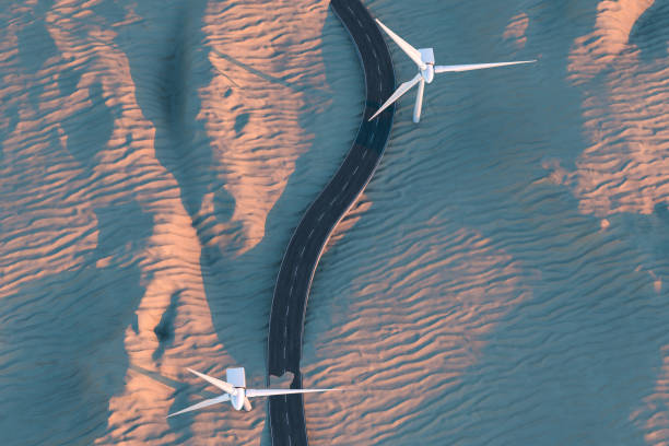 istock Windmills and winding road in the open, 3d rendering. 1151675554