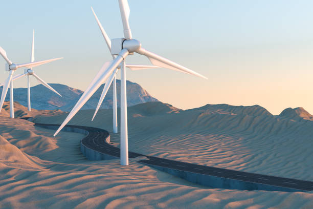 istock Windmills and winding road in the open, 3d rendering. 1151675573