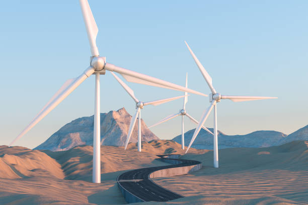 istock Windmills and winding road in the open, 3d rendering. 1151675574