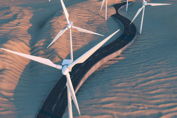 istock Windmills and winding road in the open, 3d rendering. 1151675593