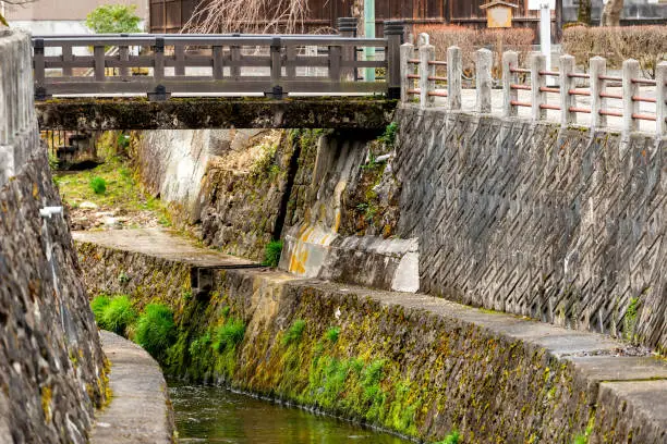 Closeup of small bridge by Enako river in Takayama, Gifu prefecture in Japan with water in early spring and nobody