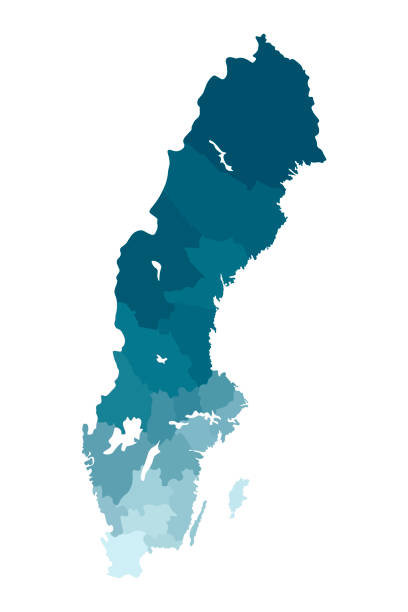 wektor izolowane ilustracja uproszczonej mapy administracyjnej szwecji. granice powiatów. kolorowe niebieskie sylwetki khaki - sweden map stockholm vector stock illustrations