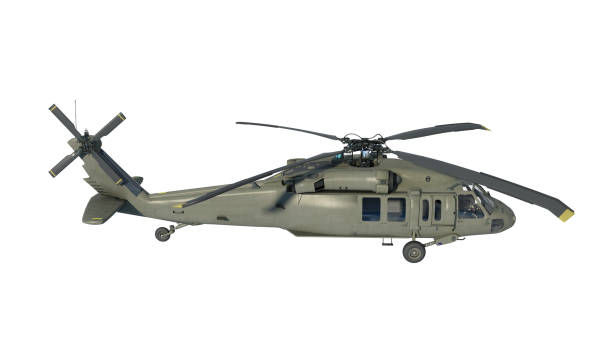 istock Helicopter in flight, military aircraft, army chopper isolated on white background, side view, 3D render 1151689734