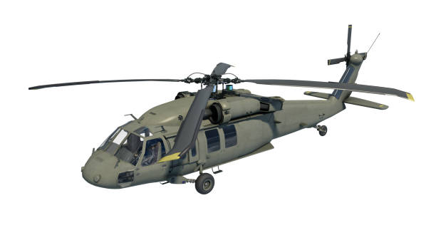 istock Helicopter in flight, military aircraft, army chopper isolated on white background, 3D render 1151689742