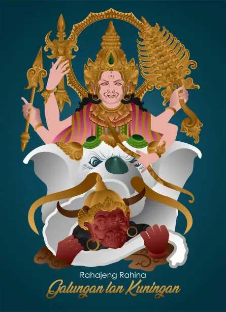 Vector illustration of Indra's Victory Against Mayadanawa Hindu Philosophy Story Of Galungan, The Victory Of Good Over Evil In Bali Indonesia, Rahajeng Rahina Galungan Lan Kuningan Means Happy Day Of Galungan And Kuningan