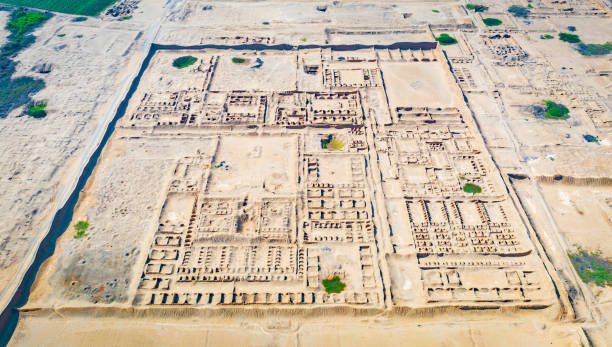 Aerial view of ancient ruins of Chan Chan in Trujillo, Peru Aerial view of ancient ruins of Chan Chan in Trujillo, Peru. Archaeological site of ancient city from the Chimu culture belonging to the pre-Columbian era. trujillo peru stock pictures, royalty-free photos & images