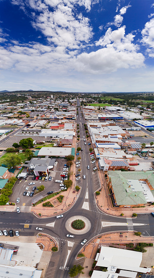 Gunnedah town on intersection of B51 and B56 highways in upper hunter valley of NSW, Australia. Vertical aerial panorama over round about and shopping street in downtown.
