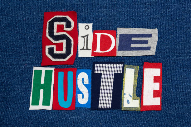 side hustle text word collage colorful fabric on denim, entrepreneur - xxx imagens e fotografias de stock