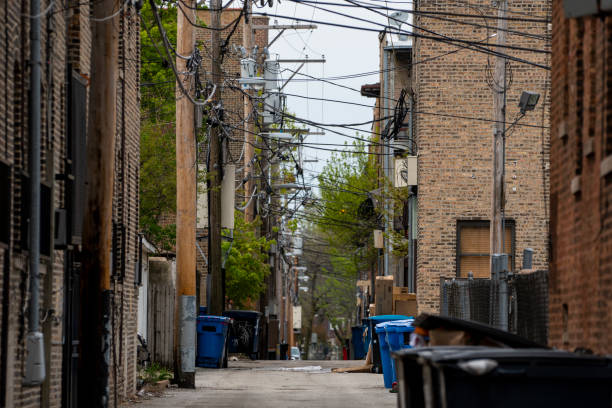 istock Alley with power lines, trash bins, and debris in puddle 1151711703