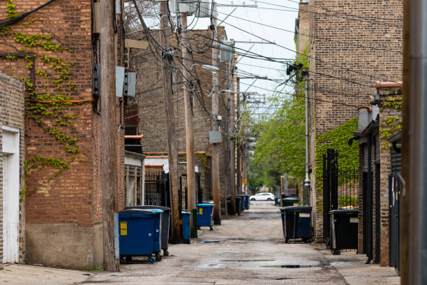 Alley with dumpsters and puddles An alleyway surrounded on both sides by brick buildings, with dumpsters lining the road. There are a few puddles in the road. seedy alley stock pictures, royalty-free photos & images