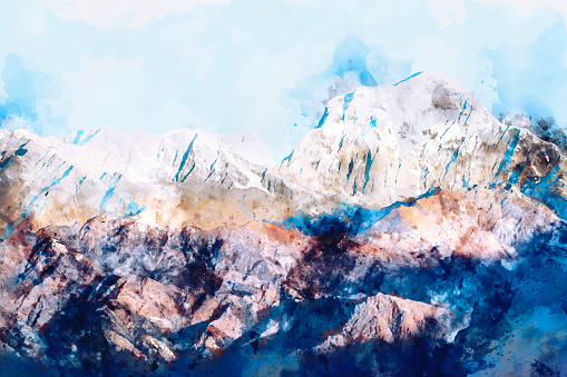 Mountains landscape with splash of color , digital watercolor painting