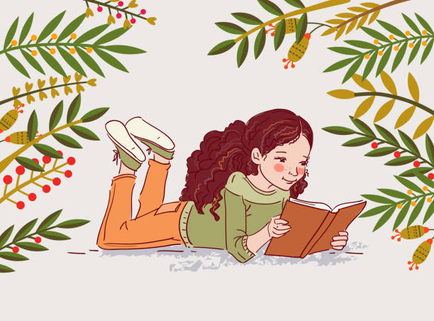 милая маленькая девочка, читающих книгу в саду - little girls nature teenage girls small stock illustrations