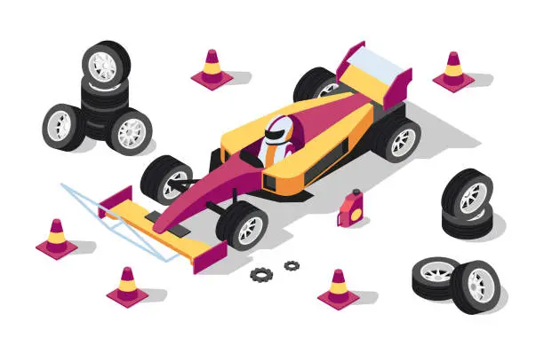 Vector illustration of 3d isometric sport car at pit stop with wheels, cones and gear.