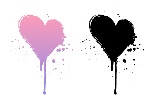 Dripping paint or black and pink grunge hearts. Brush stroke isolated on white background. Ink splatter illustration.