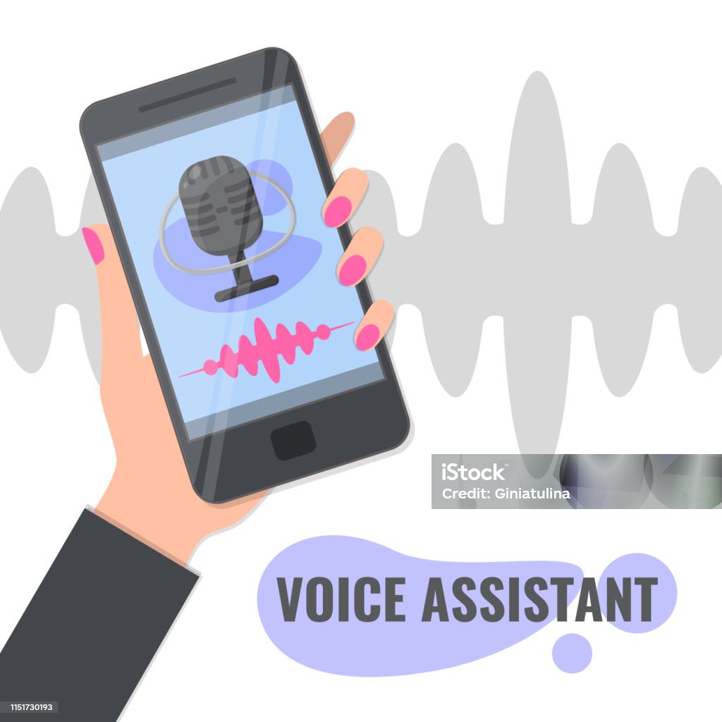 Personal voice assistant and voice recognition concept Voice assistant and voice recognition concept. Female hand with smartphone with Personal assistant mobile app. Microphone and soundwave. Vector illustration Assistance stock vector