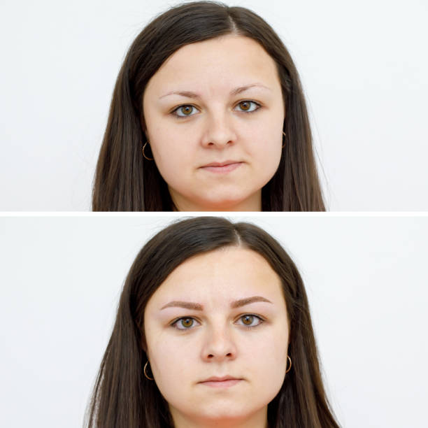 istock Photo comparison before and after permanent makeup, tattooing of eyebrows 1151734503