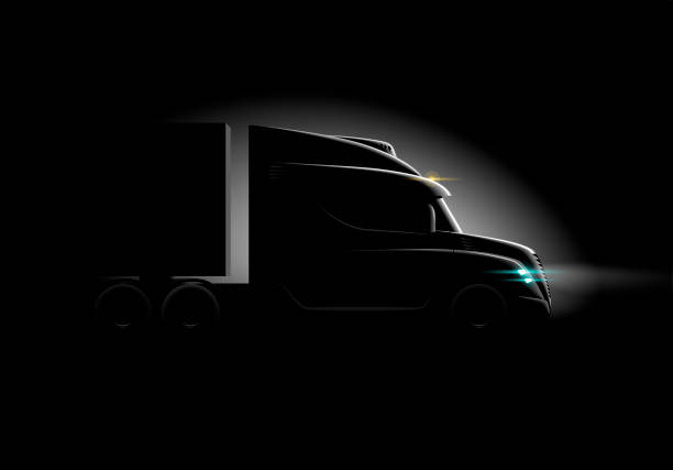 ilustraciones, imágenes clip art, dibujos animados e iconos de stock de camión fotorrealista en la oscuridad en la vista lateral de la luz - trucking
