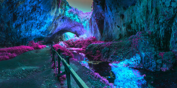 Extraterrestrial panoramic view inside mystic cave.  Davetashka cave in Bulgaria
