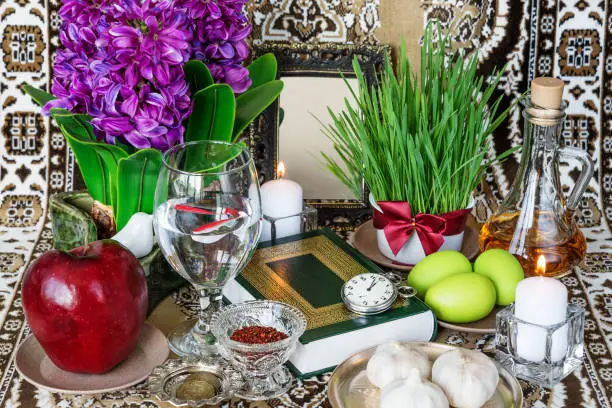 Photo of Tabletop with Haft-seen elements for Nowruz