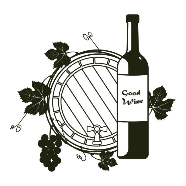 ilustraciones, imágenes clip art, dibujos animados e iconos de stock de una botella de vino y un barril de vino con una vid. vector. - wine barrel label vine