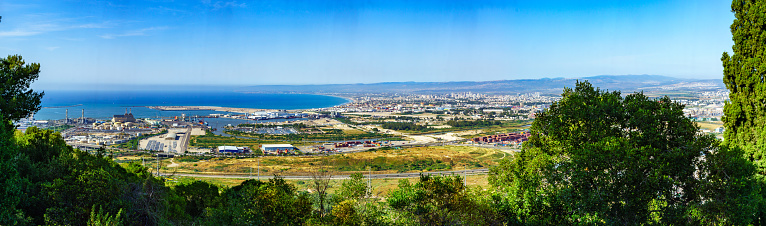 Panoramic view of Haifa bay, with harbor, commercial and industrial area, northern Israel