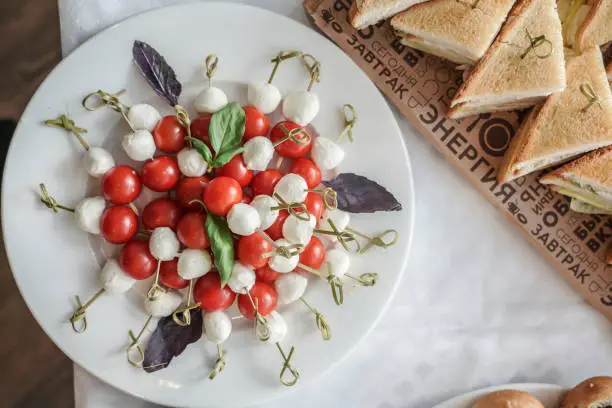 Tomato-mozzarella salad and sandwich for table serving