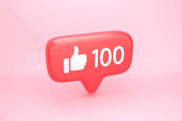 One hundred like social media notification icon with thumb up symbol and number 100 on counter. 3D illustration