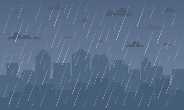 illustrazioni stock, clip art, cartoni animati e icone di tendenza di pioggia nel paesaggio urbano. - pioggia