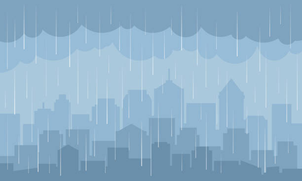 도시 풍경에 비. 벡터 일러스트 레이 션 배경입니다. - storm cloud rain sky cloud stock illustrations