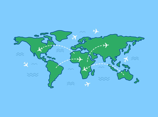 illustrazioni stock, clip art, cartoni animati e icone di tendenza di mappa di viaggio mondiale su sfondo blu. - europa continente illustrazioni