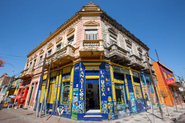 La Boca, Buenos Aires, Argentina - March 11, 2008: Colorful corner Fanáticos La Boca Soccer Fan Bar in beautiful old town building in the famous district of La Boca - Barrio de Boca, Buenos Aires, Argentina.