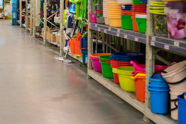 istock Shelves with household goods in the mall. selective focus 1151765123