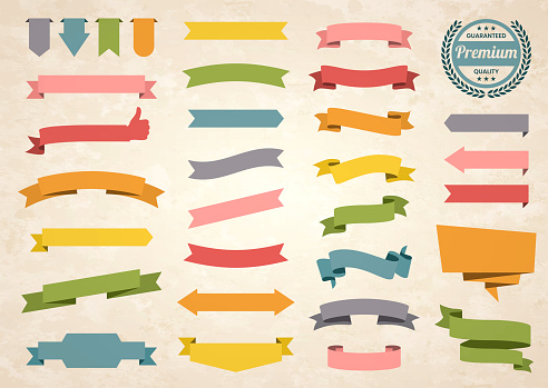 Set of Vintage multicolored ribbons, banners, badges and labels (Red, orange, yellow, green, blue, gray, pink), isolated on a brown retro background with an effect of old textured paper. Elements for your design, with space for your text. Vector Illustration (EPS10, well layered and grouped). Easy to edit, manipulate, resize or colorize.